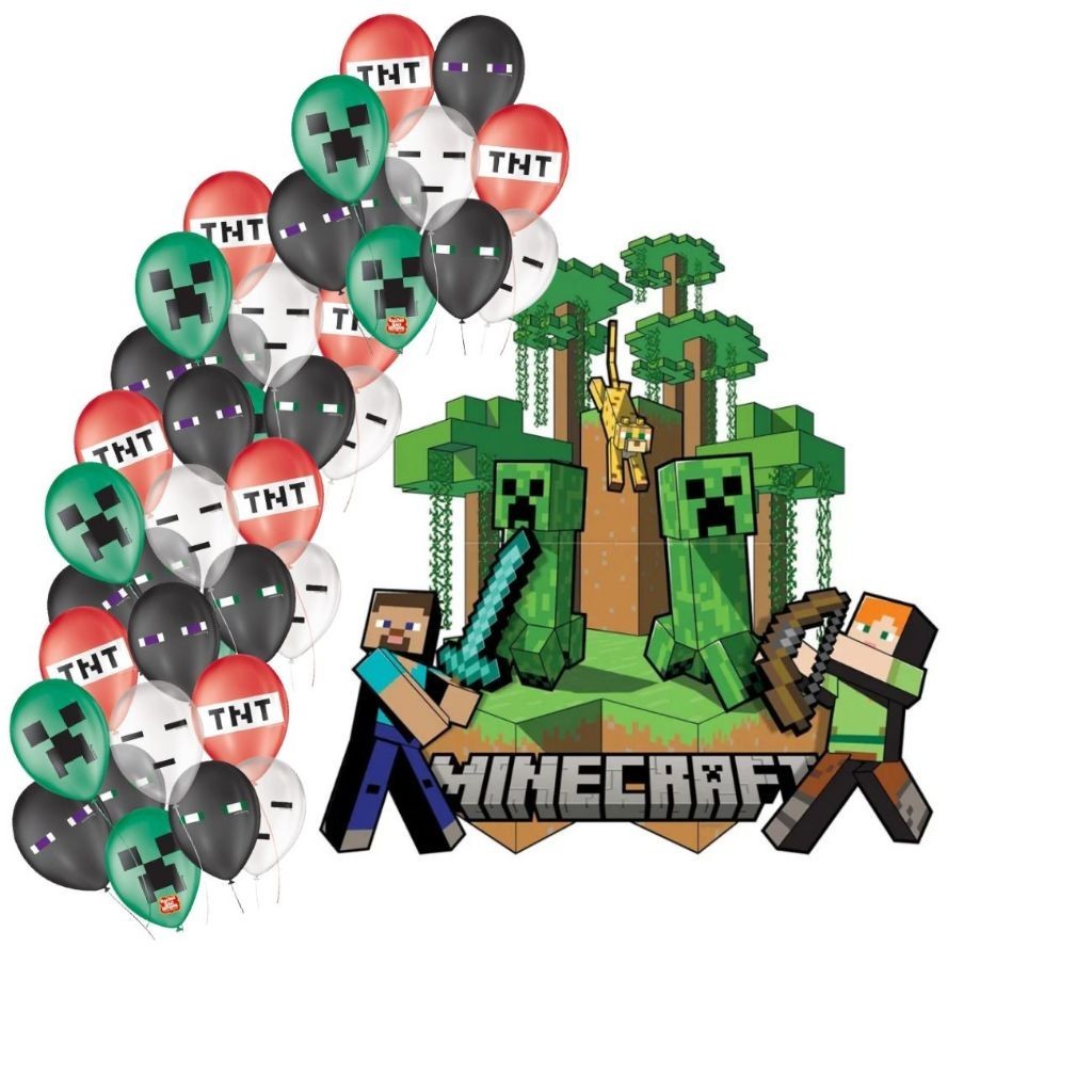 Kit Festa Minecraft Painel Cartonado 3D + 25 Balões decorado Festa Minecraft Blocos